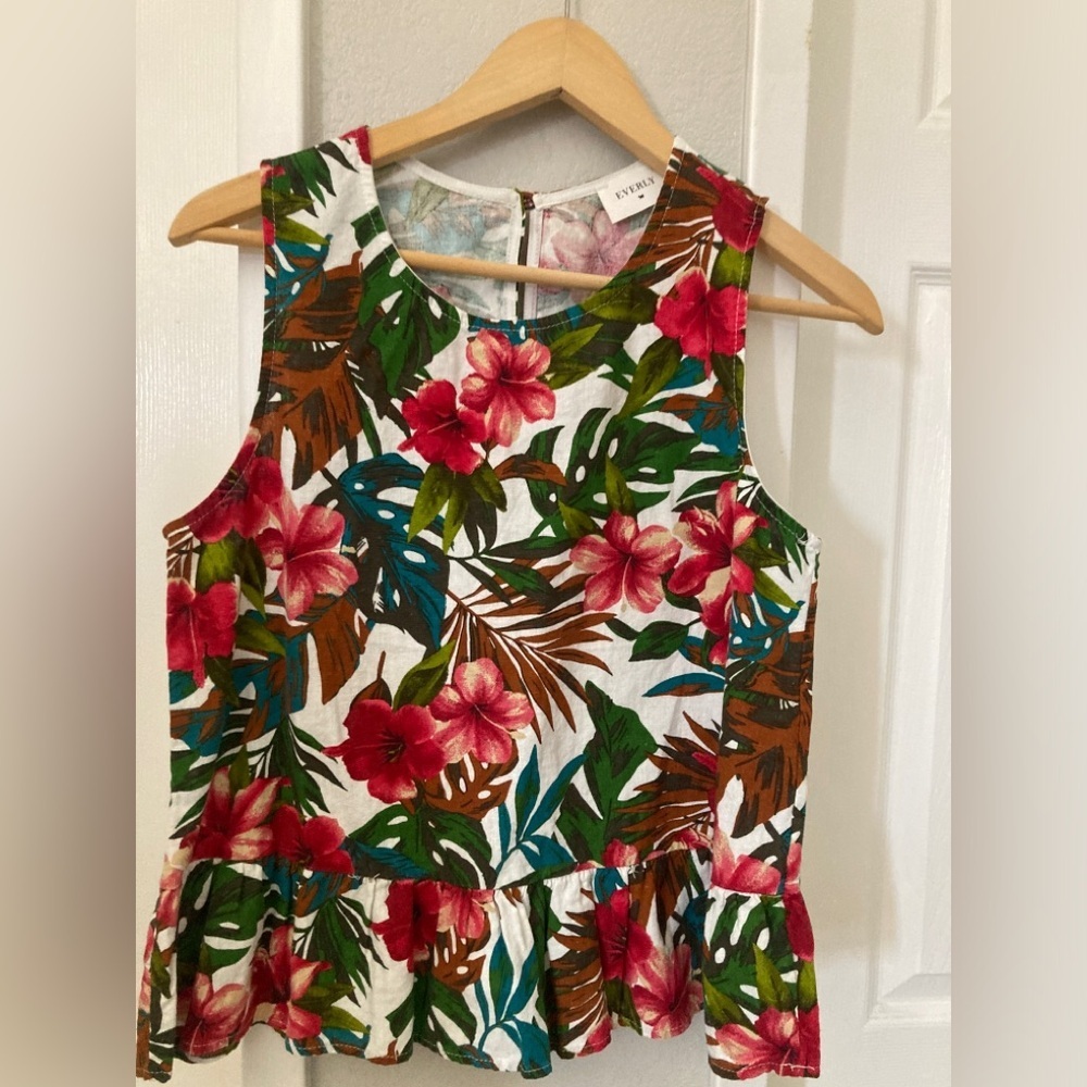 Everly Nordstrom Linen Size S Floral Tropical Top Blouse Sleeveless Botanical L